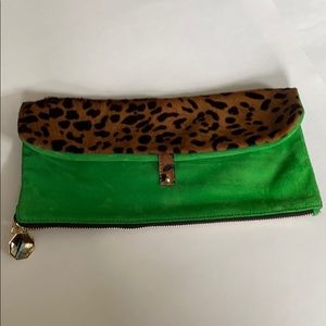 Brand new Meli Melo green suede and leopard clutch